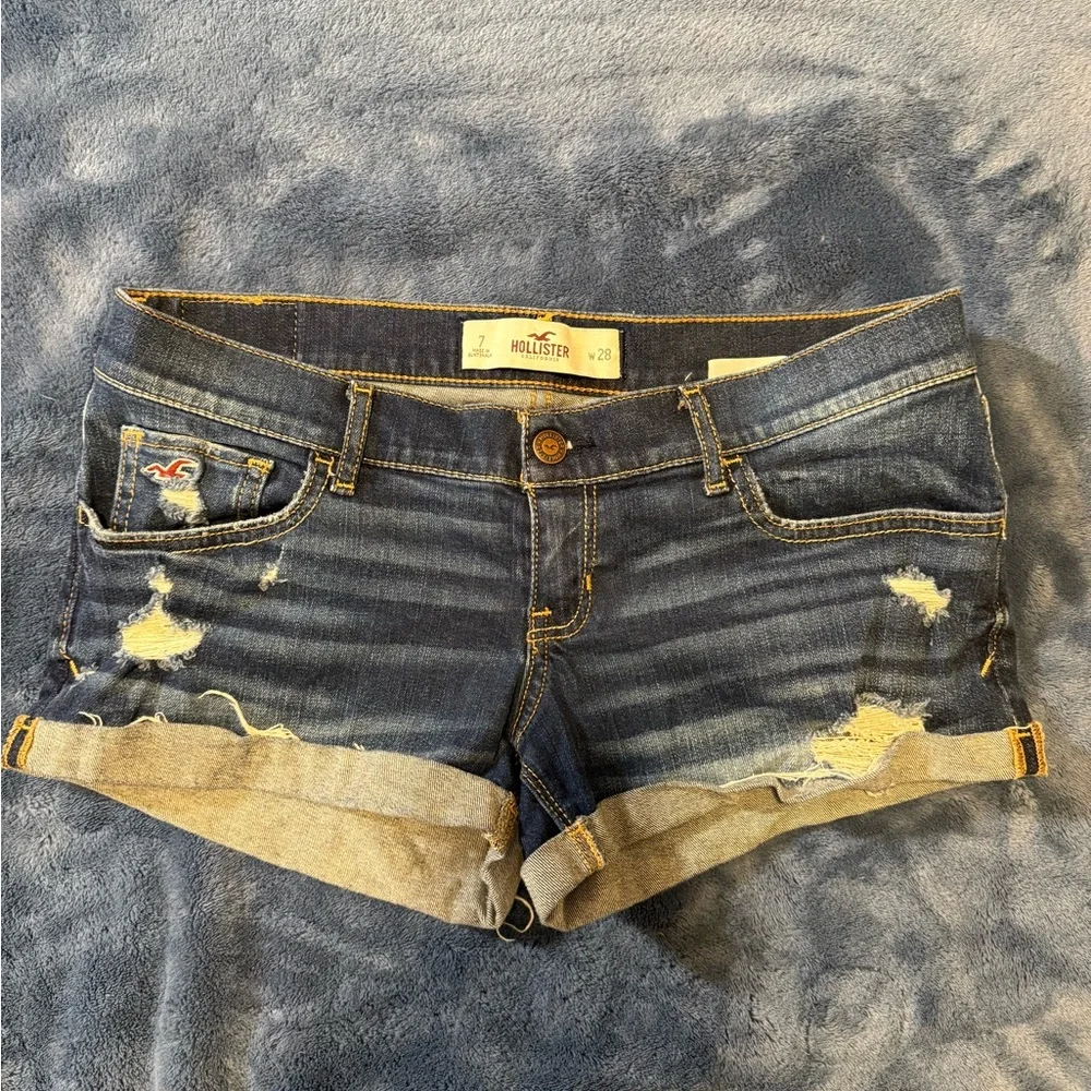 Hollister Dark Indigo Distressed Rolled Cuff Jean Shorts
